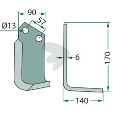 Jordfræserkniv for Howard og Kongskilde, med c-c mål 57mm og hul 13mm.
