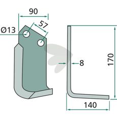 Jordfræserkniv for Howard og Kongskilde, med c-c 57mm og hul 13mm.