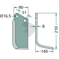 Jordfræserkniv for Howard og Kongskilde med c-c 51mm og hul 16,5mm.