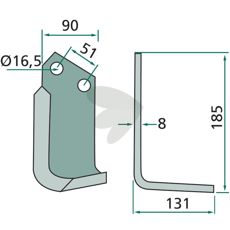 Jordfræserkniv for Howard og Kongskilde, c-c 51mm og hul 16,5mm.