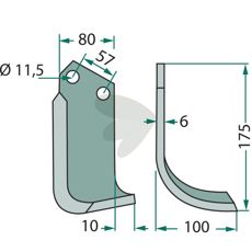 Jordfræserkniv for Howard og Kongskilde, c-c 57mm og hul 11,5mm.