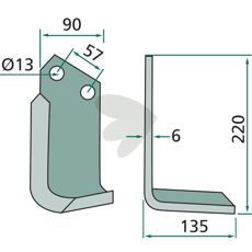 Jordfræserkniv til Howard/Kongskilde, c-c 57mm og hul 13mm, udmærket til at pløje jorden.