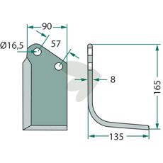 Kuhn jordfræserkniv med 57mm c-c og hul på 16,5mm til effektiv anvendelse.