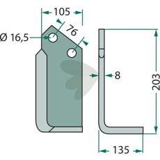 Kuhn jordfræserkniv 76mm c-c med 16,5mm hul til effektiv anvendelse.