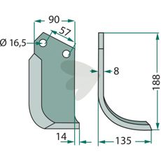 Kuhn jordfræserkniv med c-c 57 mm og 16,5 mm hul, perfekt til jorden.