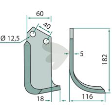 Robust jordfræsekniv til Maschio, c-c 40mm hul 12,5mm.