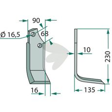 Fræserkniv Maschio, c-c 68mm, høj kvalitet til jordbearbejdning, hul 16,5mm.