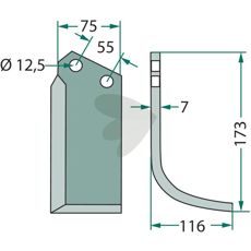 Nardi fræsekniv, 55mm c-c, høj kvalitet til jordfræsning.