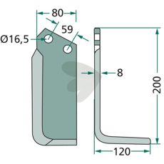 Rabe fræserkniv med 59mm c-c og 16,5mm hul, skabt for optimal jordbearbejdning.