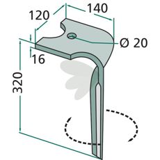 Kuhn rotorharvetand med mål 120X320mm, hul 20mm for holdbarhed.