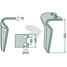 Krone rotorharvetand med mål 100X260mm og 20mm hul, optimal konstruktionsdel.