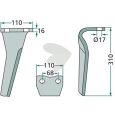 Kuhn rotorharvetand 110X310mm med 17mm hul, ideel til både jord og afgrøder.
