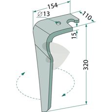 Rotorharvetand Feraboli 110x320mm med hul, perfekt til rotorharve.