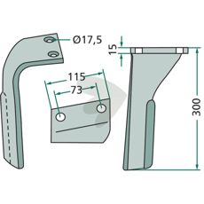 Lemken rotorharvetand 115X300mm, hul 17,5mm, fremragende til robust traktorydelse.