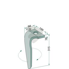 Rabe rotorharvetand, 100X315mm, hul 32mm, til holdbar anvendelse.