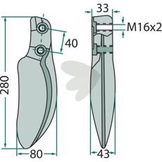 Gevindet tand til nem montering, perfekt til jordbearbejdning.