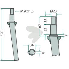 Lely rotorharvetand, 34X320mm, M20X1,5 gevind til robust brug.