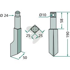 Rau rotorharvetand 25X190mm, en robust komponent til krævende opgaver.