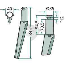 Rotorharvetand Krone 40X345mm med 12mm hul, perfekt til jordbearbejdning.
