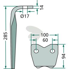 Pegoraro rotorharvetand 100X285mm med 17mm hul, optimalt til effektiv harvning.