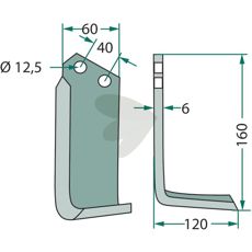 Jordfreserkniv Tortella, c-c 40mm og 12,5mm hul, standardvariant.