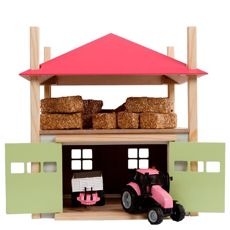 Sød lyserød høstak med opbevaringsfunktion, perfekt til samlere af modeltraktorer.