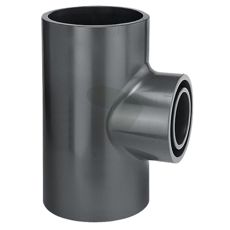 T-stykke i PVC-U med reduceringsnippel for effektiv rørforbindelse og installation.