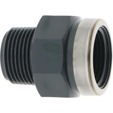 Hylster med udvendig og indvendig gevind i PVC-U, til rørforbindelser og reparationer.