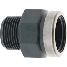 Hylster med udvendig og indvendig gevind i PVC-U, til rørforbindelser og reparationer.