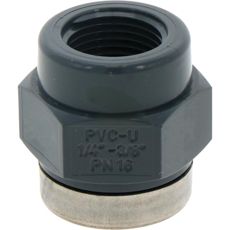 Kraftig bøsning med to indvendige gevind af PVC-U, perfekt til rørtilslutning.