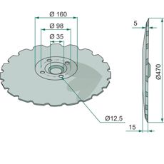 Tandet skive med 4 huller, dimensioner 465x5mm, som garanterer effektiv jordbearbejdning.