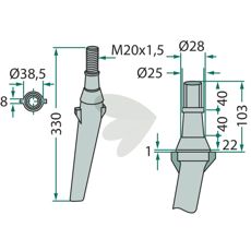 Krone rotorharvetand, 38,5X330mm med 8mm hul, der passer til flere maskiner.