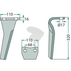 Kuhn rotorharvetand 100X320mm, 17mm hul, ideel til professionel brug.
