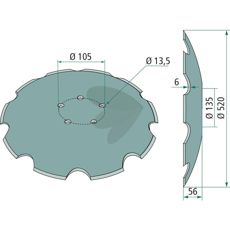 Tandet skive Ø520x6 mm med 5 huller, ideel til præcision i landbruget.
