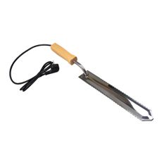 Elektrisk afdækningskniv med træhåndtag for effektiv skæring.