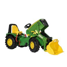 Kraftig John Deere 8400R med læsser, et perfekt legetøj til unge landmænd.