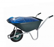 Blå vandpose til trillebør med 80 liters kapacitet, perfekt til vanding.