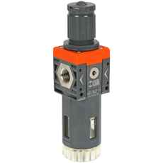 Filterregulator til luft med 20 mikron filtrering og et arbejdsområde på 0-12 bar.