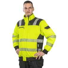 Gul og sort pilotjakke med let isolering, perfekt til udendørs arbejde.