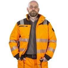 Orange og sort pilotjakke med let isolering, moderne design til udendørs brug.