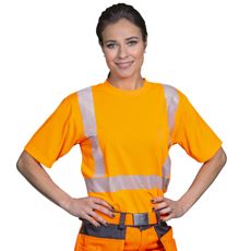 Advarsels T-Shirt Boori Kl2 i orange og sort farve, sikkerhedsgodkendt for synlighed.