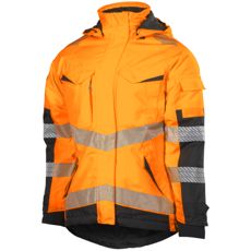 Dynamisk vinterjakke til kvinder i orange og sort farve.