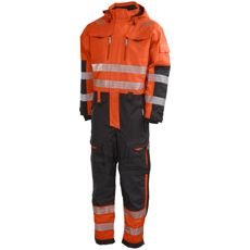 Rød og sort vinteroveralls Arrow Kl3, perfekt til synlighed og komfort under vinterarbejde.