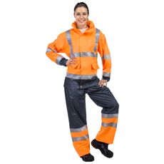 Orange og blå regnjakke Astatiini Kl3 En20471, perfekt til udendørsarbejde.