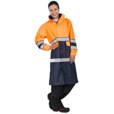 Kulta regnjakke i orange og blå farve, lang model, certificeret for sikkerhed.