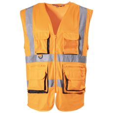 Orange sikkerhedsvest med lommer, klasse 2, ideel til sikkerhedsarbejde.