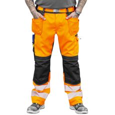 Orange og sorte stretchbukser fra Triton med sømlommer, perfekte til arbejde og udendørs.