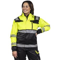 Graniitti Kl2 varseljakke i gul/sort, opfylder EN20471 for høj synlighed og sikkerhed.