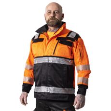 Orange og sort sikkerhedsjakk Graniitti Kl2, EN20471, designet til maksimal beskyttelse og sikkerhed.