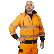 Orange advarsels hoodie med fuld lynlås, perfekt til synlighed og beskyttelse på arbejdspladsen.